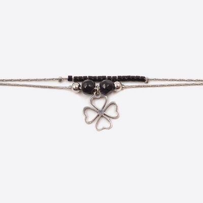 Bracelets - Bracelet Acier Inoxydable Double Chaines Perles De Verre Et Trèfle À 4 Feuilles - 3239