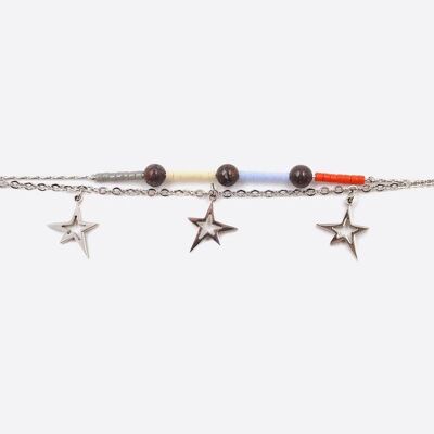 Bracelets - Bracelet Acier Inoxydable Double Chaines Perles De Verre Et Triple Etoiles A - 3261