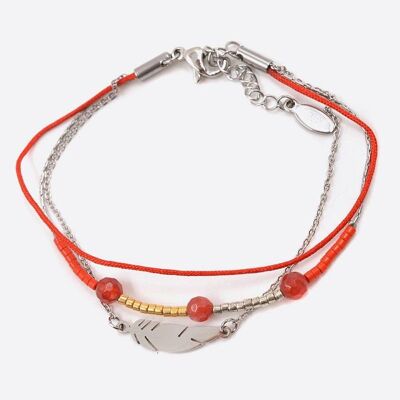 Bracelets - Bracelet Acier Inoxydable Trilpes Chaines Perles De Verre Perles Et Plume - 3278