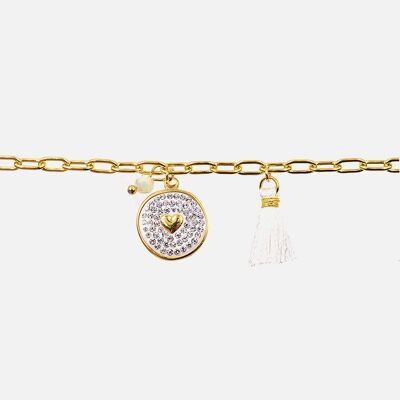Bracelets - Bracelet Acier Inoxydable Médaillon Coeur Strass et Pompon - 15852