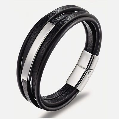 Bracelets - Bracelet Homme Cuir 5 Rangs et Acier Inoxydable 20 cm - 17173