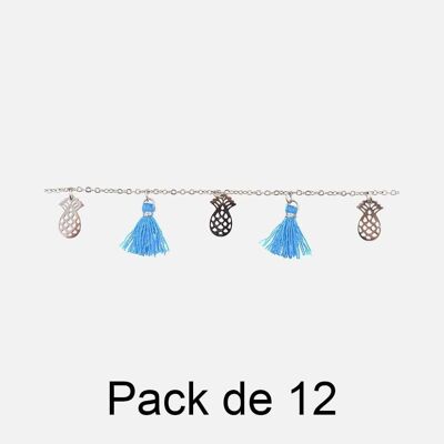 Bracelets - Pack De 12 Bracelets en Acier Inoxydable Ananas Filigrane Et Pompon Bleu - 17920