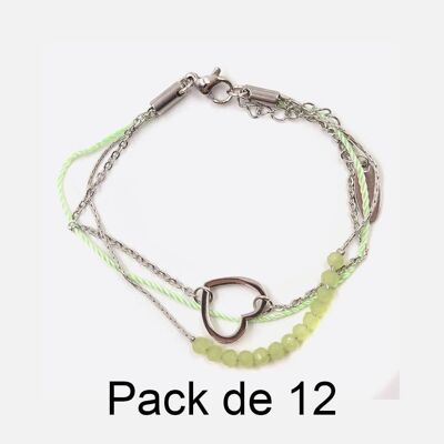Bracelets - Pack De 12 Bracelets en Acier Inoxydable Chaine Perles Et Coeur - 17922