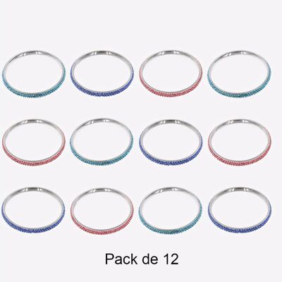 Bracelets - Pack De 12 Bracelets en Acier Inoxydable Métal Strass Couleurs Mélangés - 17929