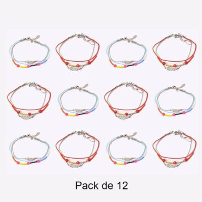 Bracelets - Pack De 12 Bracelets en Acier Inoxydable Chaine Perles Et Plumes Couleurs Mélangés - 17940
