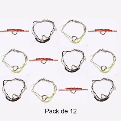 Bracelets - Pack De 12 Bracelets en Acier Inoxydable Coeur Perles Et Pompon Couleurs Mélangés - 17943