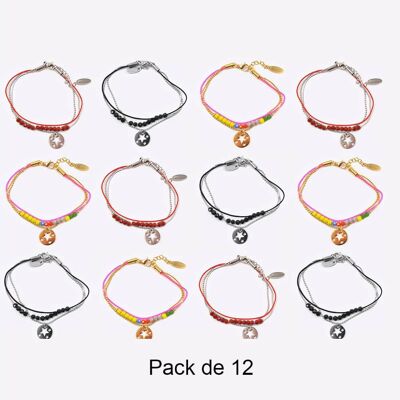 Bracelets - Pack De 12 Bracelets en Acier Inoxydable Fils Médaillon Etoile Et Perles Couleurs Mélangés - 17956