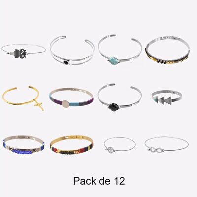 Bracelets - Pack De 12 Bracelets en Acier Inoxydable Modèles Mélangés D - 17966