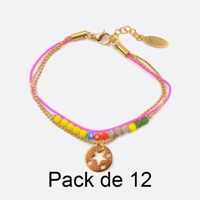Bracelets - Pack De 12 Bracelets en Acier Inoxydable Fils Rose Perles Et Etoile - 17973