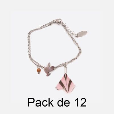 Bracelets - Pack De 12 Bracelets en Acier Inoxydable Oiseau Et Plume Rose - 17974
