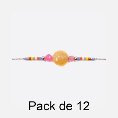 Bracelets - Pack De 12 Bracelets en Acier Inoxydable Petites Rose Et Grande Perles Beige - 17979