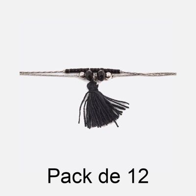 Bracelets - Pack De 12 Bracelets en Acier Inoxydable Perles Et Pompon Noir - 17982