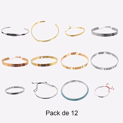 Bracelets - Pack De 12 Bracelets en Acier Inoxydable Modèles Mélangés F - 17987