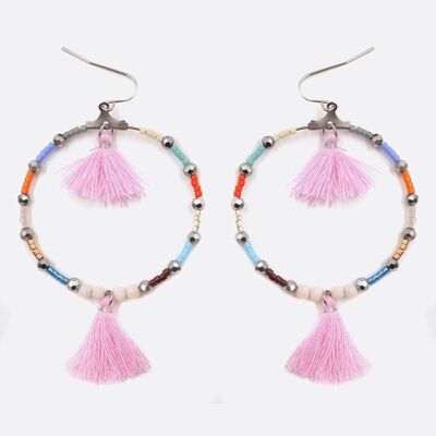 Boucles d'oreilles - Boucle Doreille Acier Inoxydable Perles Et Double Pompons - 2686