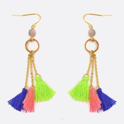 Boucles d'oreilles - Boucle Doreille Acier Inoxydable Chaine Et Triple Pompons - 2718