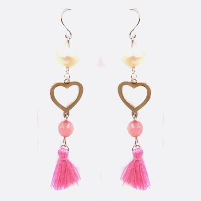 Boucles d'oreilles - Boucle Doreille Acier Inoxydable Coeur Perle De Verre Et Pompon - 2723