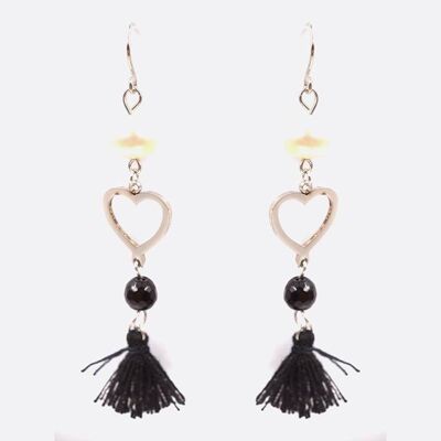 Boucles d'oreilles - Boucle Doreille Acier Inoxydable Coeur Perle De Verre Et Pompon - 2725