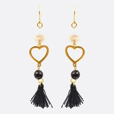 Boucles d'oreilles - Boucle Doreille Acier Inoxydable Coeur Perle De Verre Et Pompon - 2726