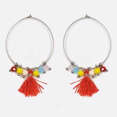 Boucles d'oreilles - Boucle Doreille Acier Inoxydable Multiples Perles De Verre Et Pompon - 2736