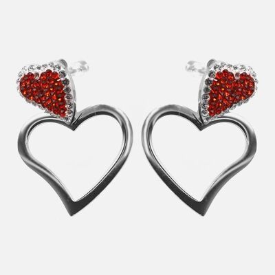 Boucles d'oreilles - Boucles d'oreilles Acier Inoxydable Coeur acier et Coeur Strass Rouge - 17089
