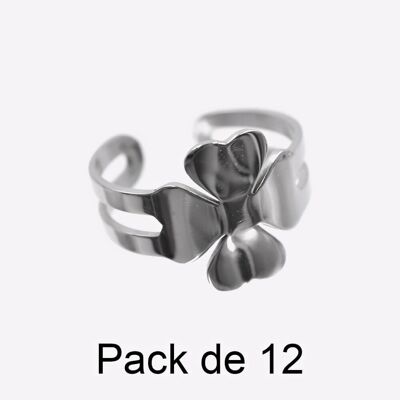 Bagues - Pack de 12 Bagues en Acier Inoxydable Trèfle à 4 feuilles Argenté - 17620