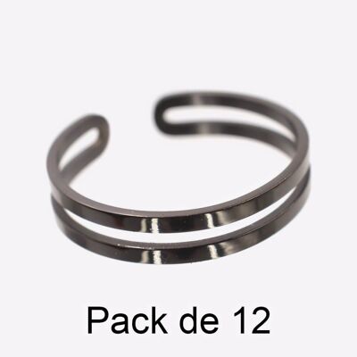 Bagues - Pack de 12 Bagues en Acier Inoxydable Double Cercle Noir - 17626