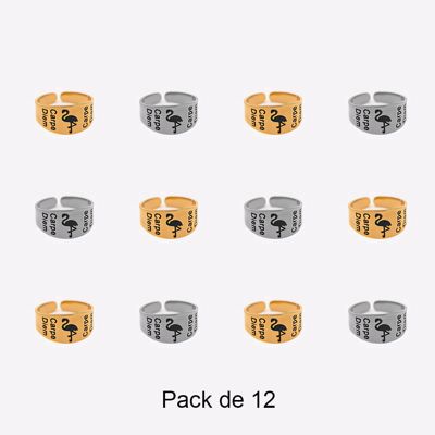 Bagues - Pack de 12 Bagues en Acier Inoxydable Flamants Rose - 17629