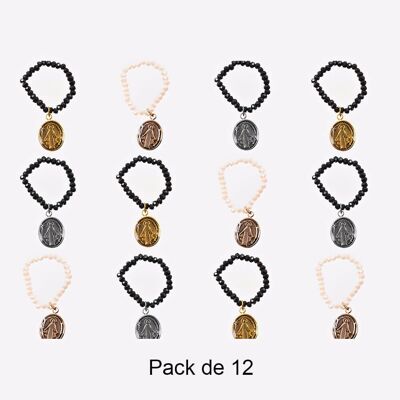 Bagues - Pack de 12 Bagues en Acier Inoxydable Perles et Vierge Marie - 17635