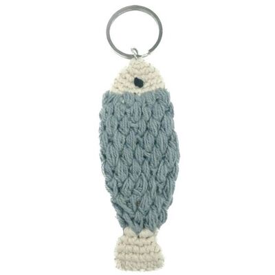 llavero de pescado sostenible gris - algodón orgánico - hecho a mano en Nepal - percha de bolsa - llavero de pescado de ganchillo