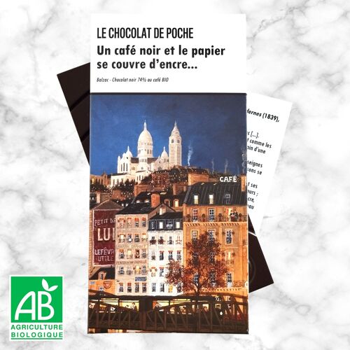 Tablette de chocolat noir 74% café BIO - Un café noir et le papier se couvre d'encre...