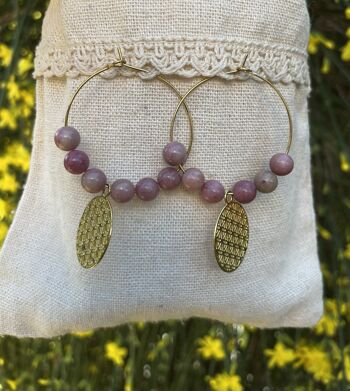 Boucles d'oreilles créoles en Rhodochrosite et fleur de vie 2