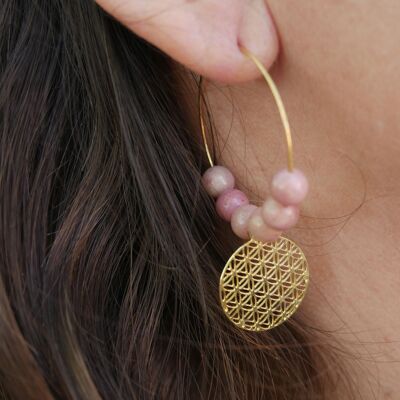 Hoop earrings in Rhodochrosite and flower of life