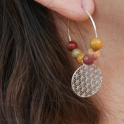 Silver hoop earrings in Mokaite Jasper and flower of life