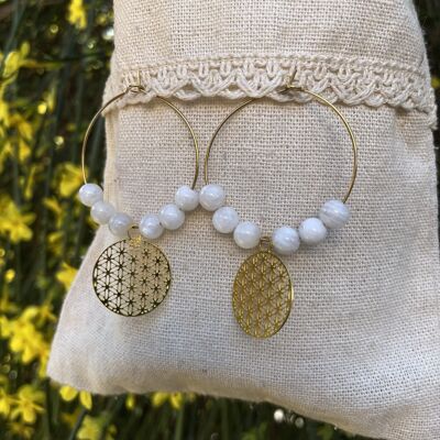 Golden hoop earrings in Moonstone and flower of life