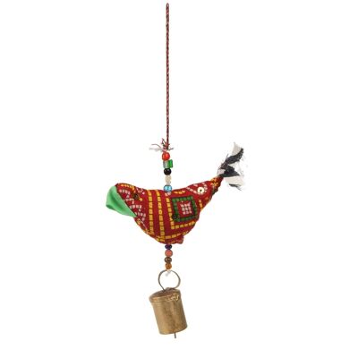 Décoration à suspendre Oiseau avec clochette en tissu recyclé