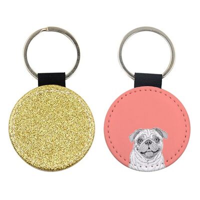 KEYRINGS, PUG DOG PORTRAIT ( CORAL BACKGROUND ) BY ADAM REGESTER