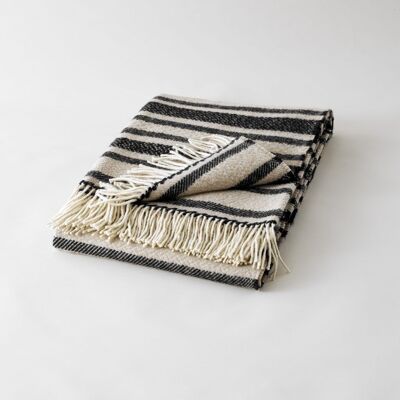 Beige and black striped French woolen plaid from the Pyrenees