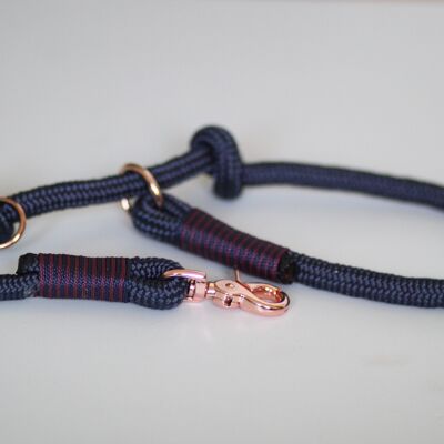 Retriever leash "blue-striped" - 2-way adjustable retriever leash 2m long - with name tag