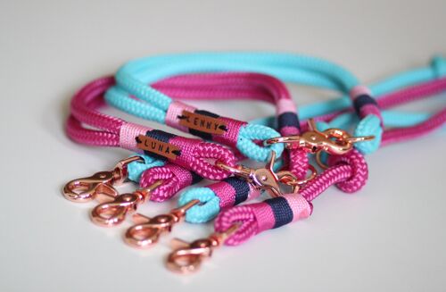 Set "pink-türkis" mit Leine und Halsband - Einfache Leine mit Handschlaufe 1.5m - Ohne Namensschild
