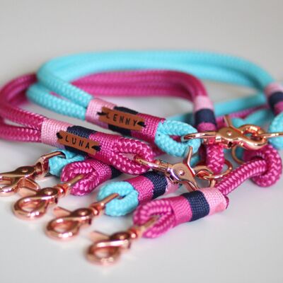 Set "pink-turquoise" with leash and collar - simple leash with hand loop 1.5m - with name tag