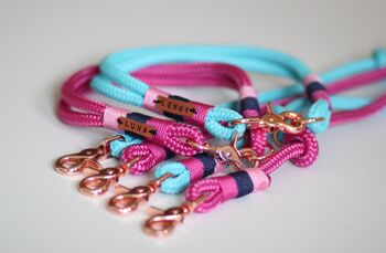 Ensemble "rose-turquoise" avec laisse et collier - laisse simple avec dragonne 1,5m - avec porte-nom 1