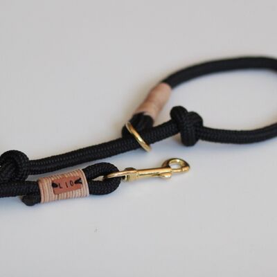 Retriever leash "black-leather" - simple retriever leash with hand strap 1.5m long - with name tag