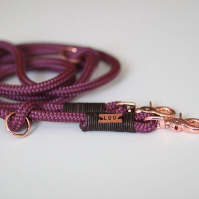 Leash "bordeaux-leather" - 2-way adjustable leash 2m long - with name tag