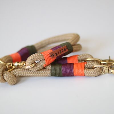 Set "beige-orange" with leash and collar - simple leash with hand loop 1.5m - with name tag