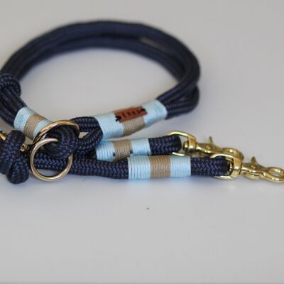 Set "blue-beige" with leash and collar - simple leash with hand loop 1.5m - with name tag