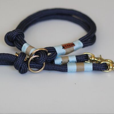 Set "blau-beige" mit Leine und Halsband - Leine 2-fach verstellbar 2m lang - Mit Namensschild