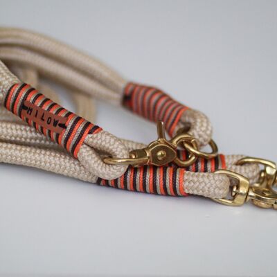 Set "beige-striped" with leash and collar - 3-way adjustable leash, 2.5m long - without name tag