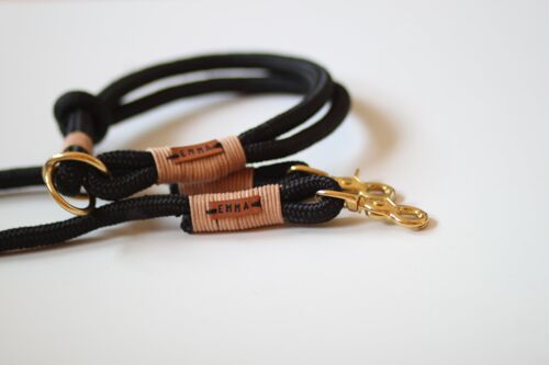 Set "leder-schwarz" mit Leine und Halsband - Einfache Leine mit Handschlaufe 1.5m - Ohne Namensschild