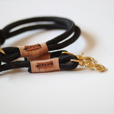 Set "leather-black" with leash and collar - simple leash with hand loop 1.5m - with name tag