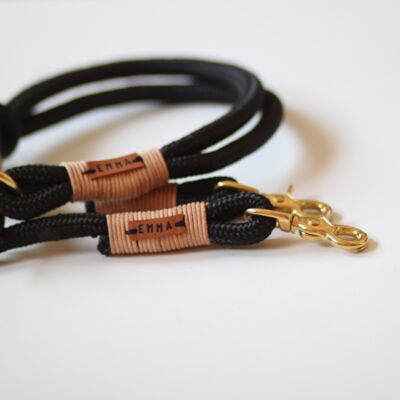 Conjunto "cuero-negro" con correa y collar - Correa ajustable en 3 direcciones, 2,5 m de largo - con etiqueta para el nombre